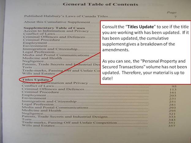 Photo of the Cummulative Supplement's Table of Contents in Halsbury's Laws of Canada.